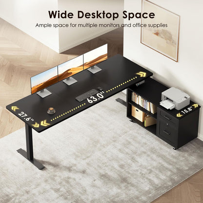 OffiGo 55" L Shaped Electric Standing Desk with Cabinet Sets, Walnut/Black