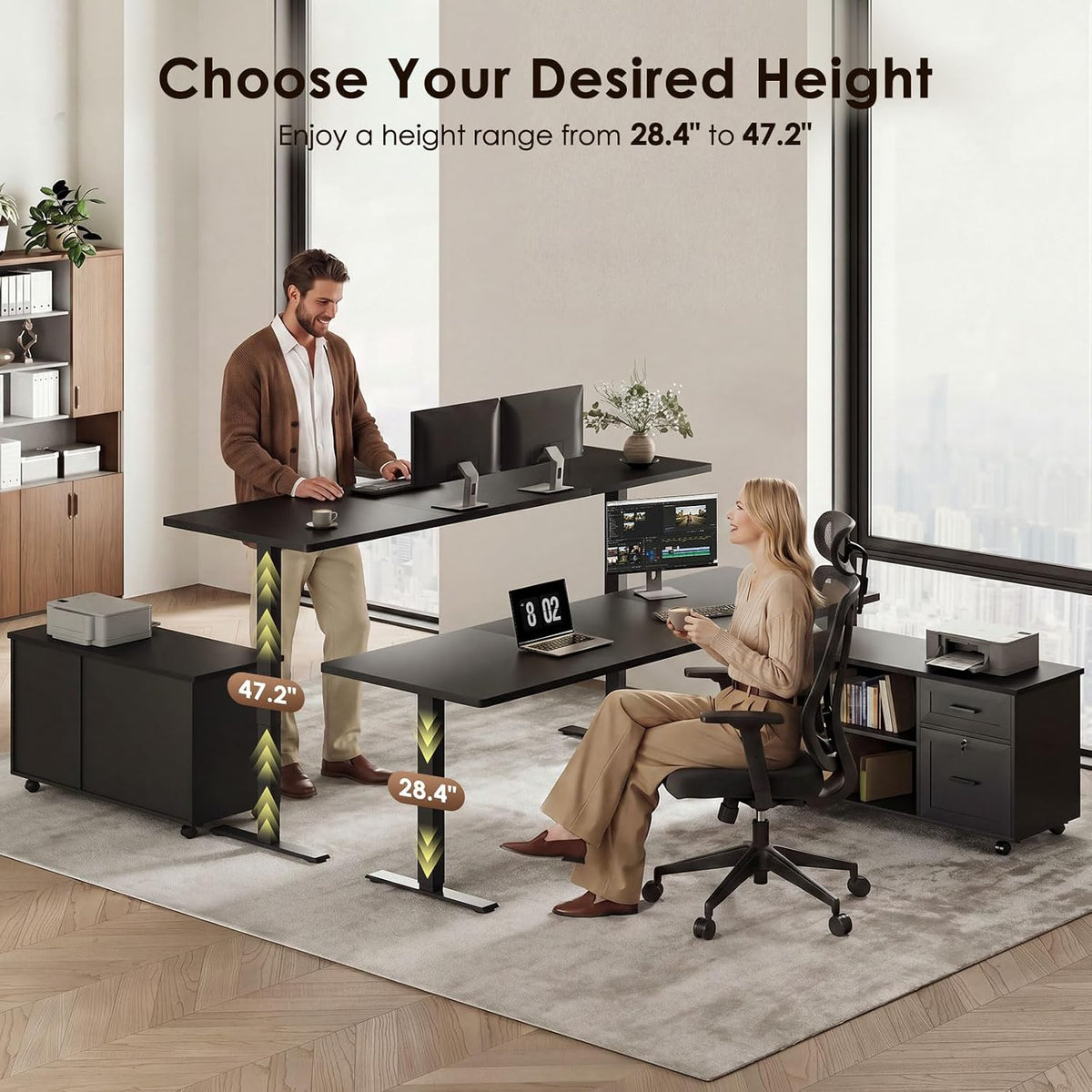 OffiGo 55" L Shaped Electric Standing Desk with Cabinet Sets, Walnut/Black