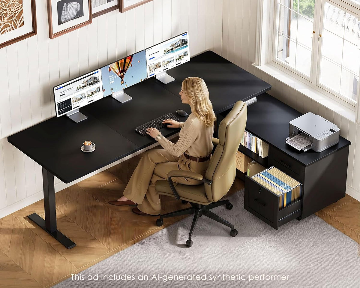 OffiGo 55" L Shaped Electric Standing Desk with Cabinet Sets, Walnut/Black