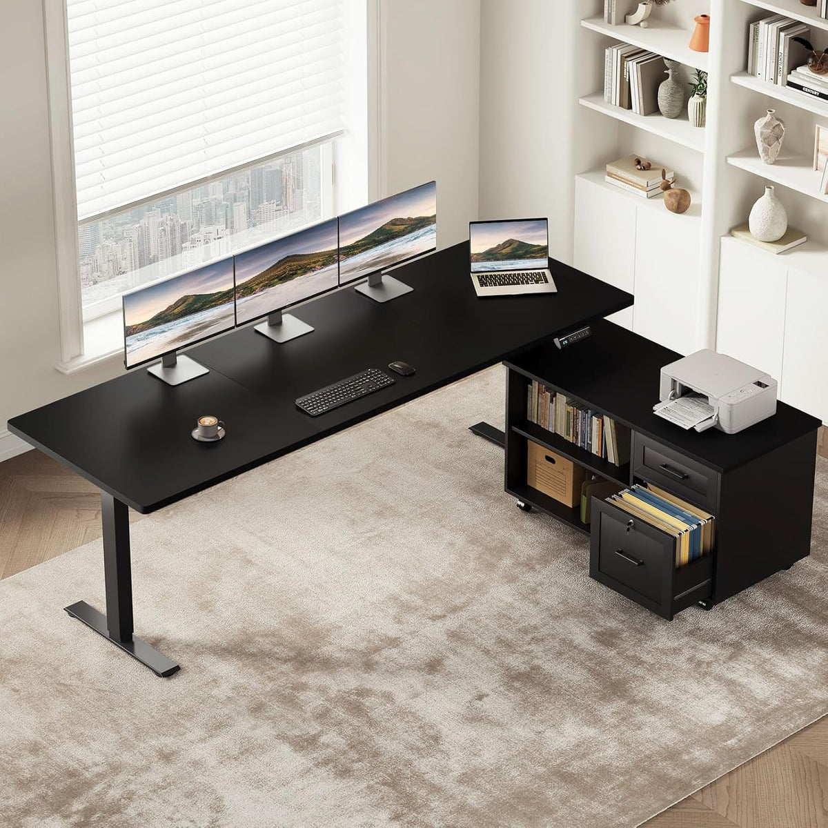 OffiGo 55" L Shaped Electric Standing Desk with Cabinet Sets, Walnut/Black