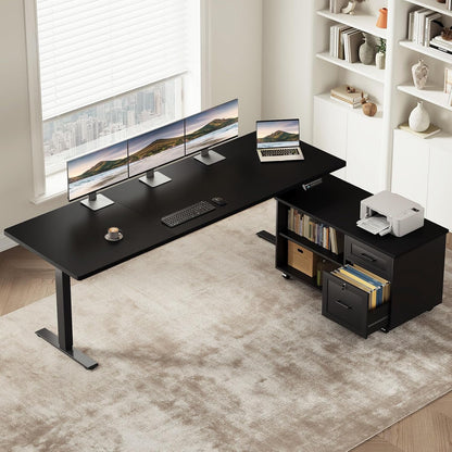 OffiGo 55" L Shaped Electric Standing Desk with Cabinet Sets, Walnut/Black