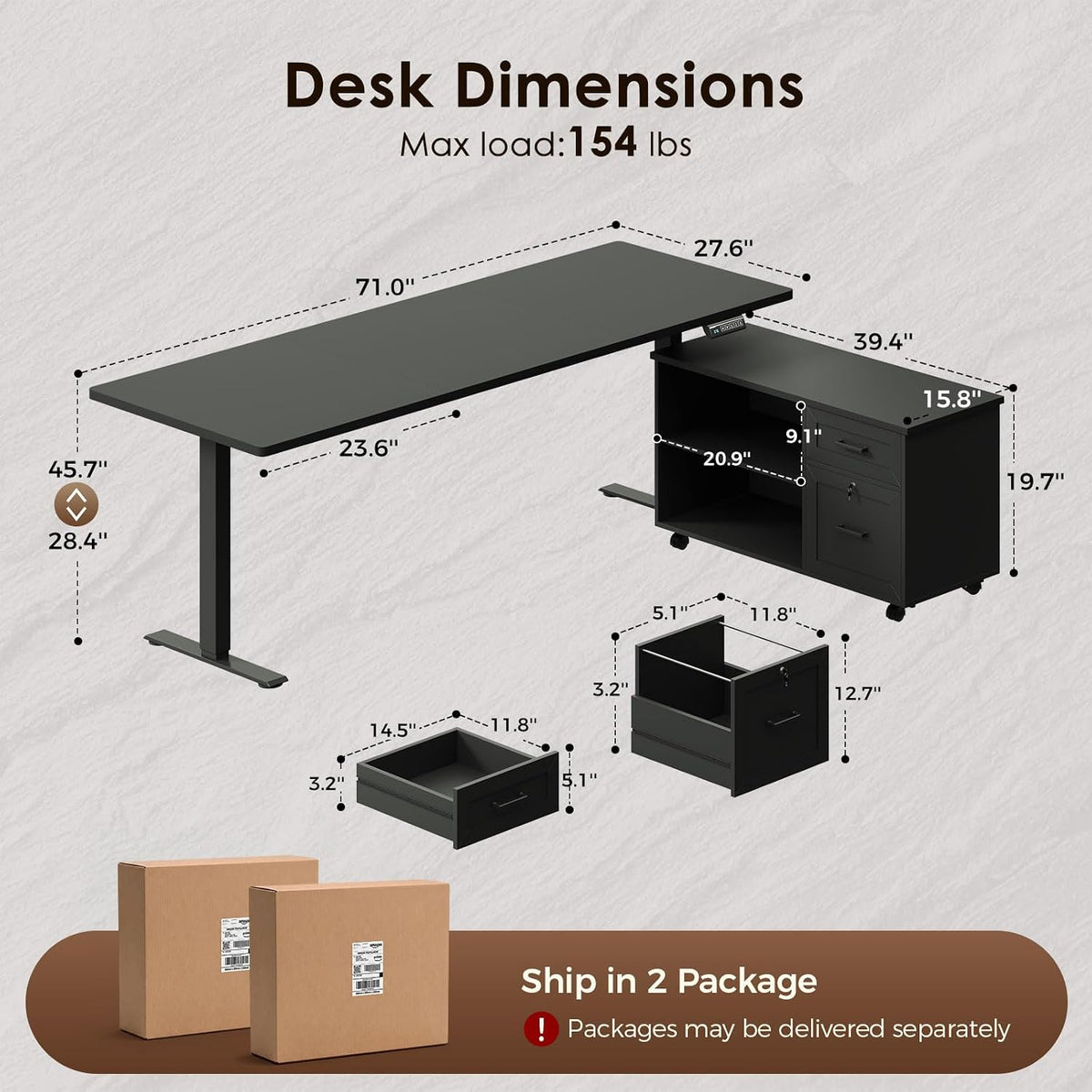 OffiGo 55" L Shaped Electric Standing Desk with Cabinet Sets, Walnut/Black