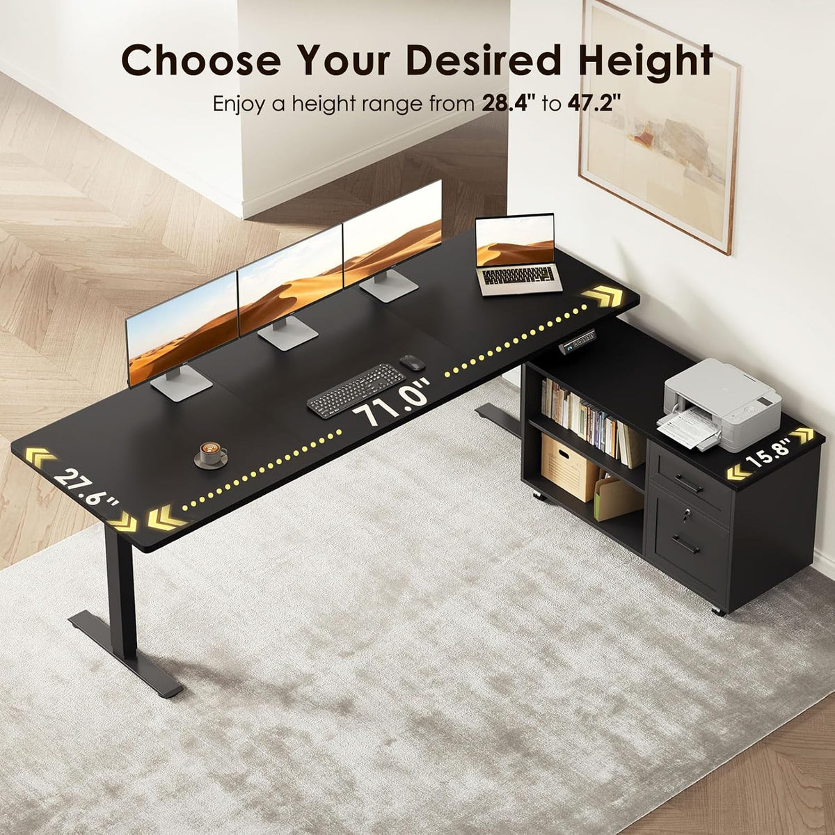 OffiGo 55" L Shaped Electric Standing Desk with Cabinet Sets, Walnut/Black