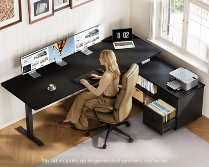 OffiGo 55" L Shaped Electric Standing Desk with Cabinet Sets, Walnut/Black