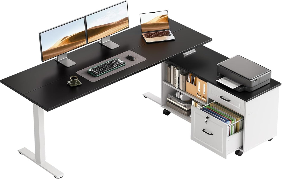 OffiGo 55" L Shaped Electric Standing Desk with Cabinet Sets, Walnut/Black