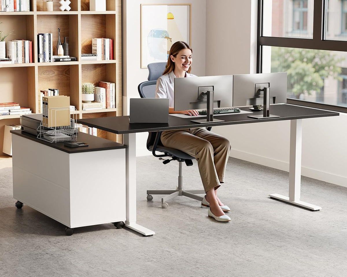OffiGo 55" L Shaped Electric Standing Desk with Cabinet Sets, Walnut/Black