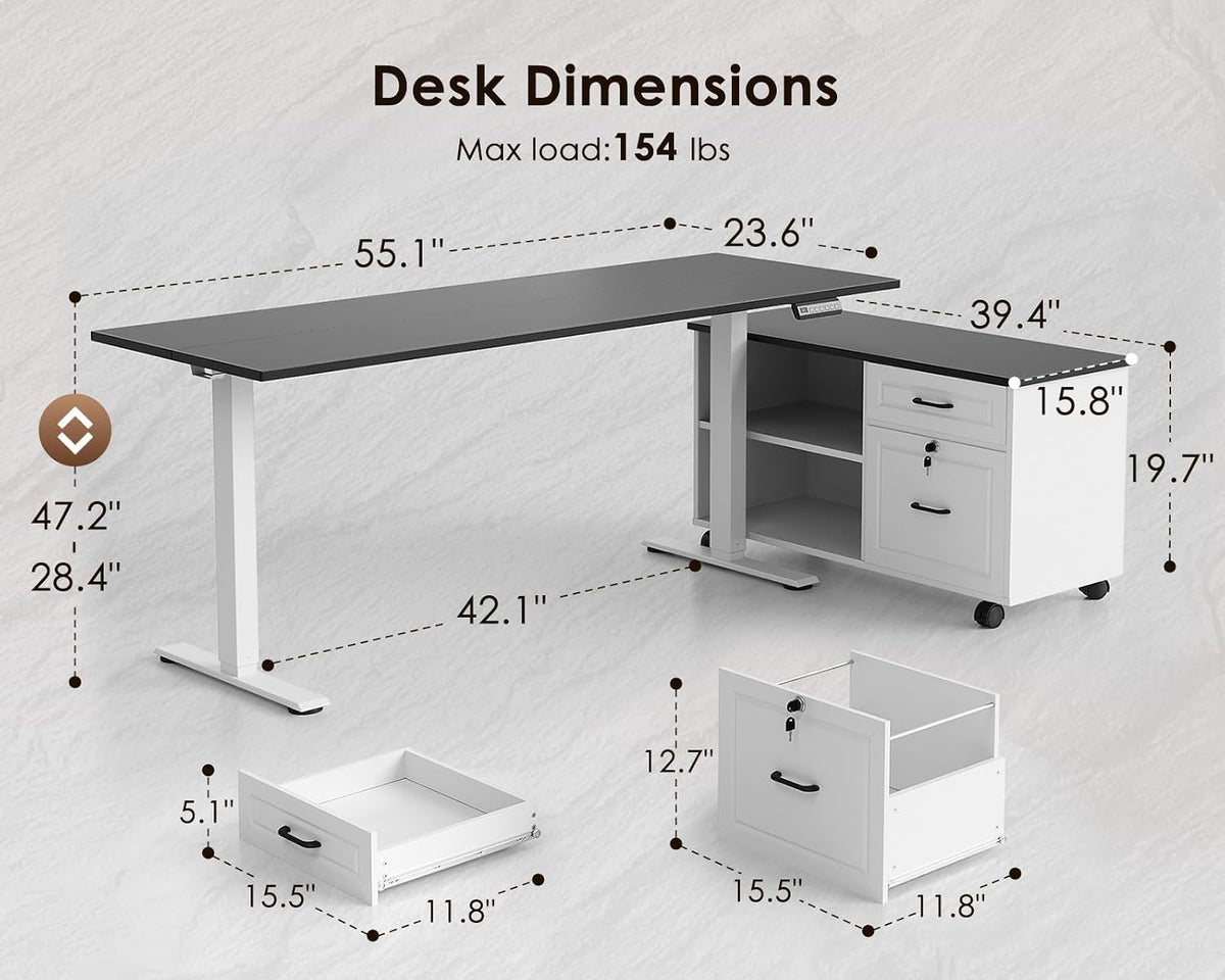 OffiGo 55" L Shaped Electric Standing Desk with Cabinet Sets, Walnut/Black