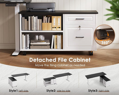 OffiGo 55" L Shaped Electric Standing Desk with Cabinet Sets, Walnut/Black