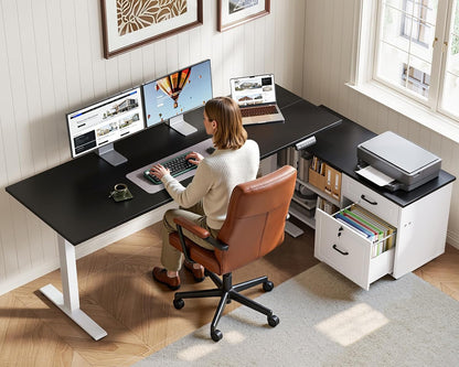 OffiGo 55" L Shaped Electric Standing Desk with Cabinet Sets, Walnut/Black