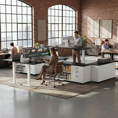 OffiGo 55" L Shaped Electric Standing Desk with Cabinet Sets, Walnut/Black