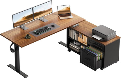 OffiGo 55" L Shaped Electric Standing Desk with Cabinet Sets, Walnut/Black