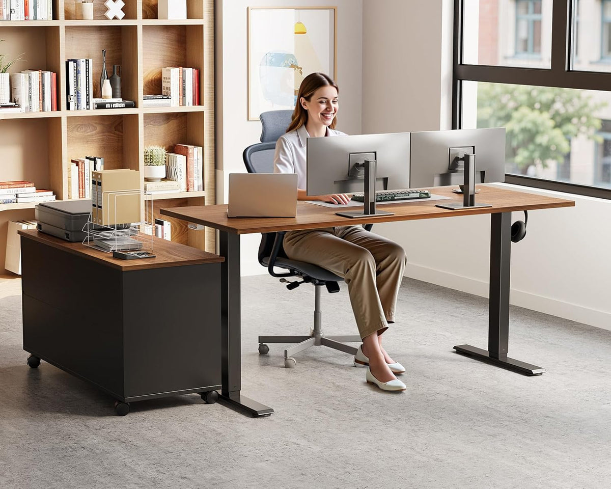 OffiGo 55" L Shaped Electric Standing Desk with Cabinet Sets, Walnut/Black