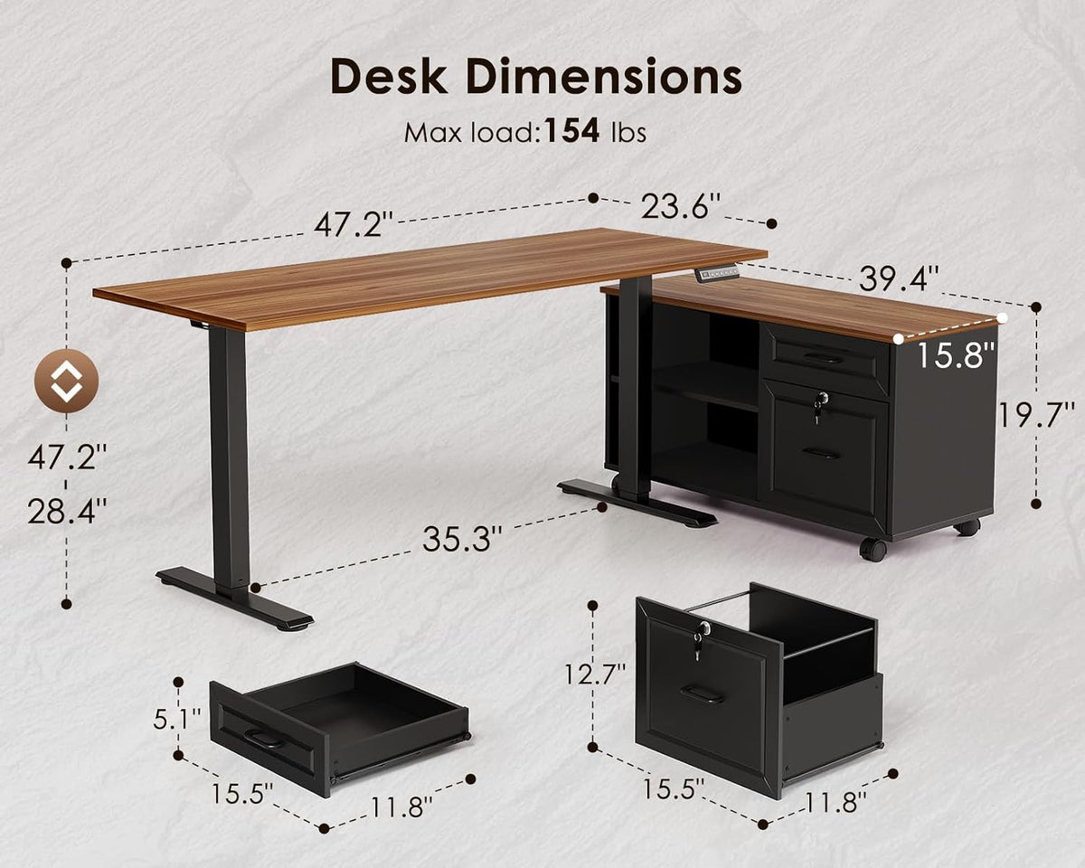 OffiGo 55" L Shaped Electric Standing Desk with Cabinet Sets, Walnut/Black