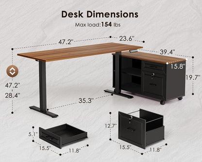 OffiGo 55" L Shaped Electric Standing Desk with Cabinet Sets, Walnut/Black