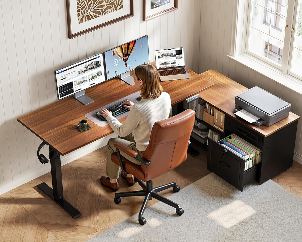 OffiGo 55" L Shaped Electric Standing Desk with Cabinet Sets, Walnut/Black