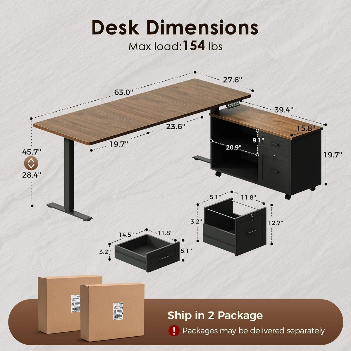 OffiGo 55" L Shaped Electric Standing Desk with Cabinet Sets, Walnut/Black