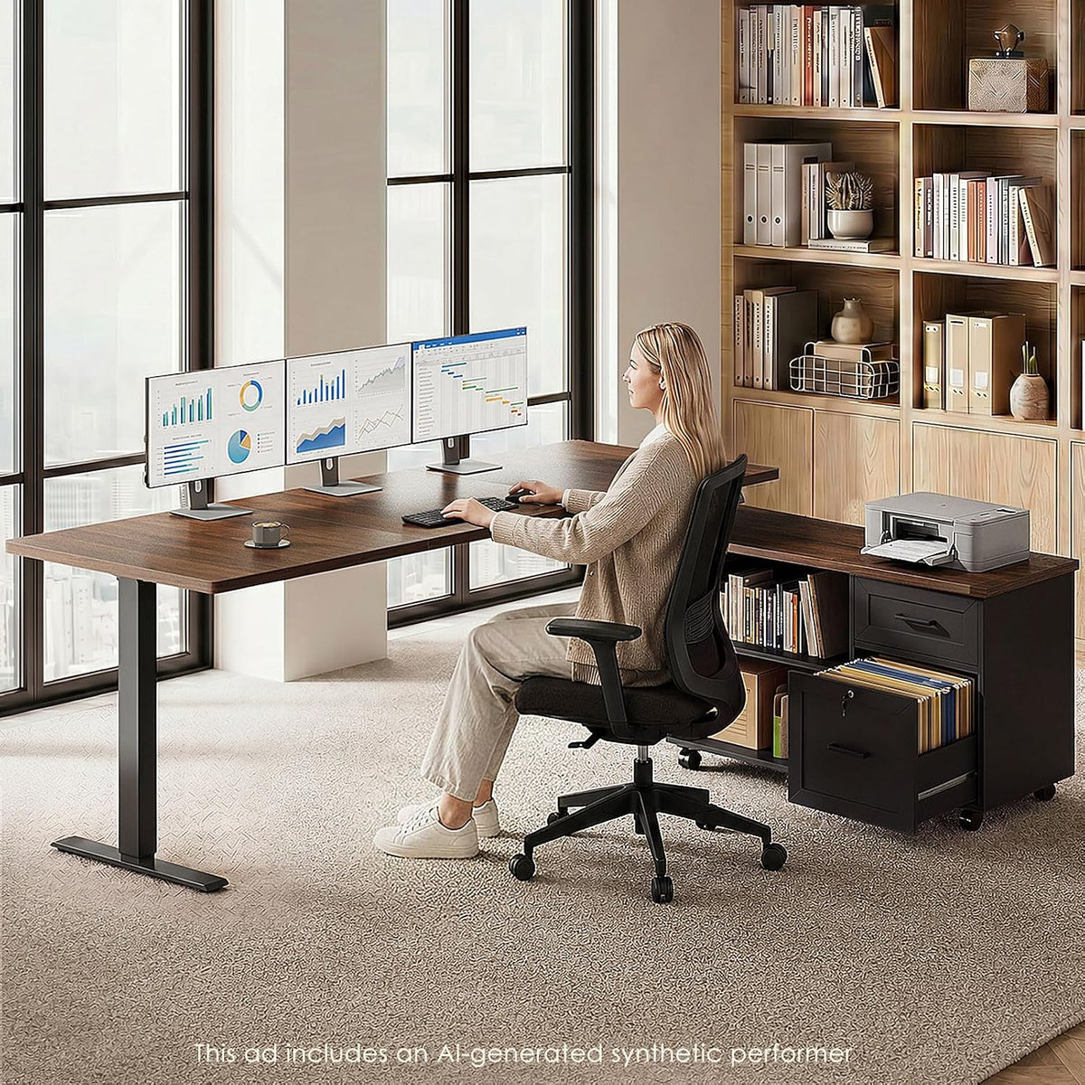 OffiGo 55" L Shaped Electric Standing Desk with Cabinet Sets, Walnut/Black