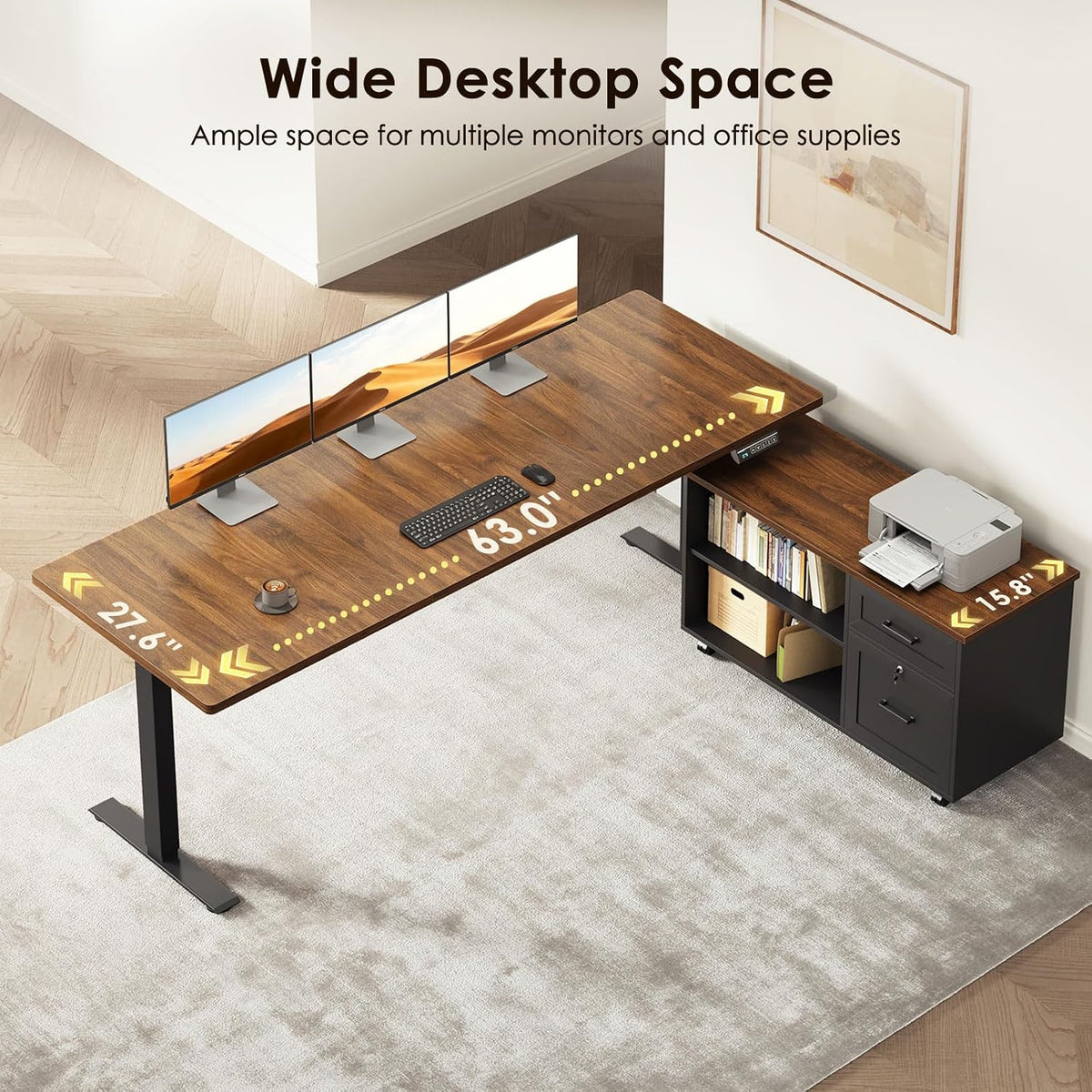 OffiGo 55" L Shaped Electric Standing Desk with Cabinet Sets, Walnut/Black