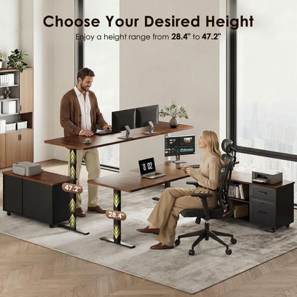OffiGo 55" L Shaped Electric Standing Desk with Cabinet Sets, Walnut/Black