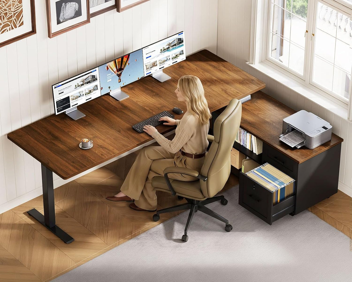 OffiGo 55" L Shaped Electric Standing Desk with Cabinet Sets, Walnut/Black