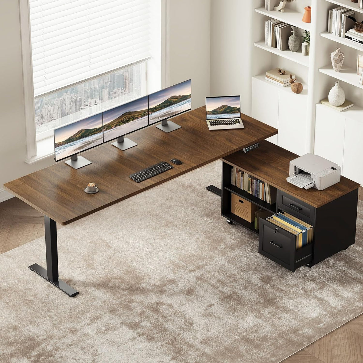 OffiGo 55" L Shaped Electric Standing Desk with Cabinet Sets, Walnut/Black