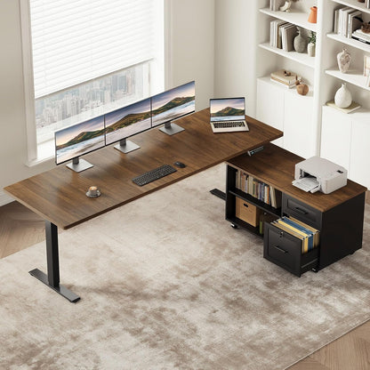 OffiGo 55" L Shaped Electric Standing Desk with Cabinet Sets, Walnut/Black