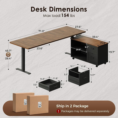 OffiGo 55" L Shaped Electric Standing Desk with Cabinet Sets, Walnut/Black