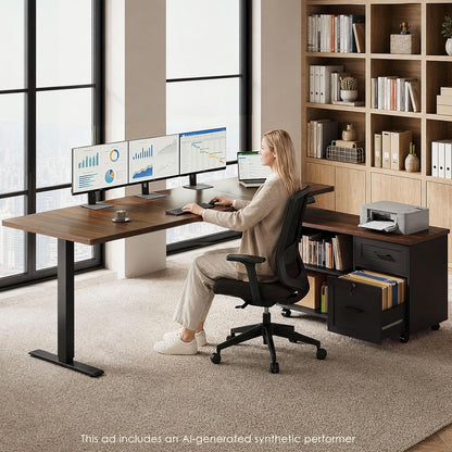 OffiGo 55" L Shaped Electric Standing Desk with Cabinet Sets, Walnut/Black