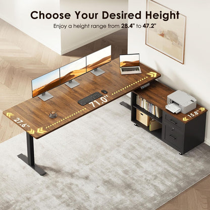 OffiGo 55" L Shaped Electric Standing Desk with Cabinet Sets, Walnut/Black
