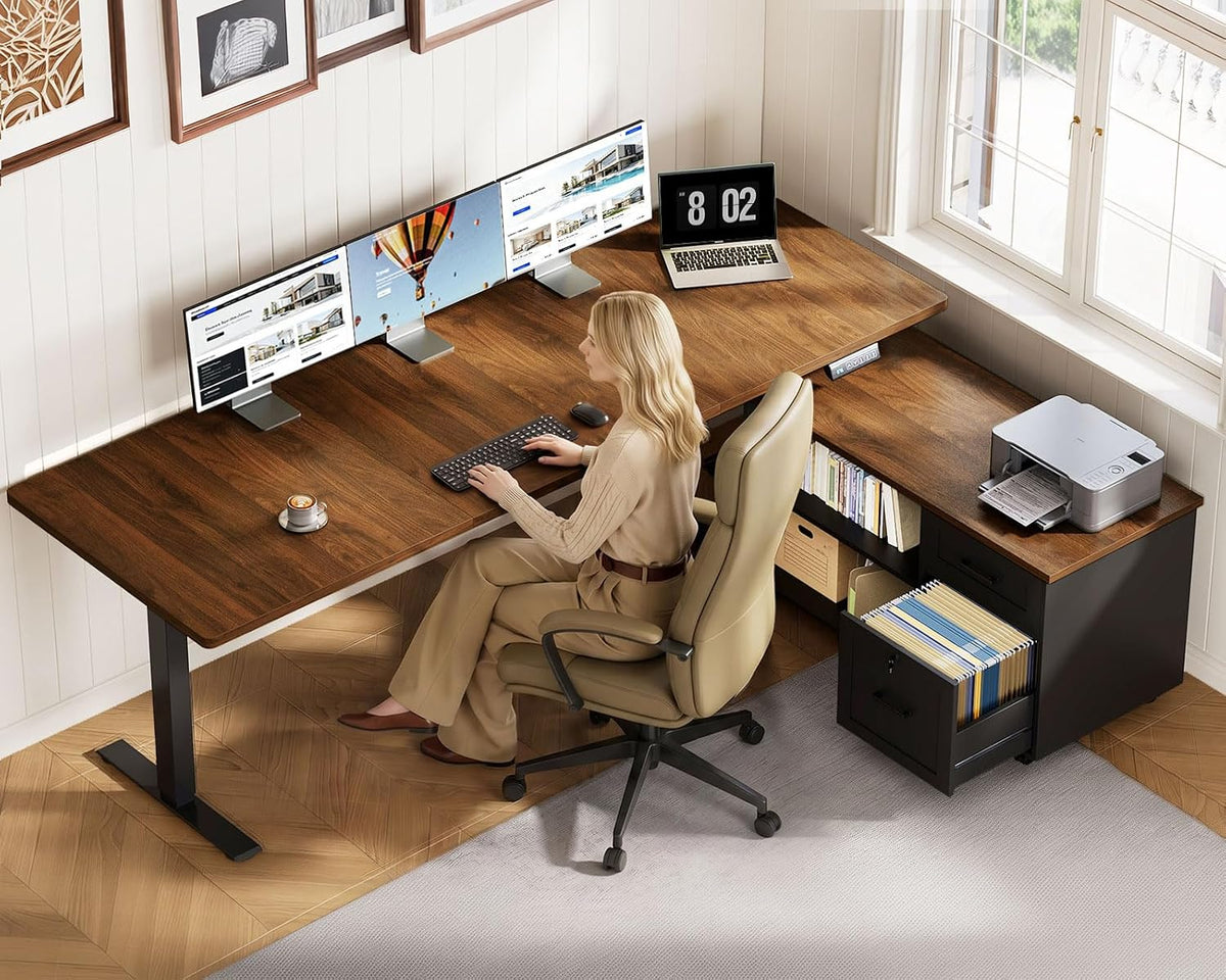 OffiGo 55" L Shaped Electric Standing Desk with Cabinet Sets, Walnut/Black