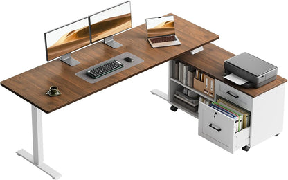 OffiGo 55" L Shaped Electric Standing Desk with Cabinet Sets, Walnut/Black