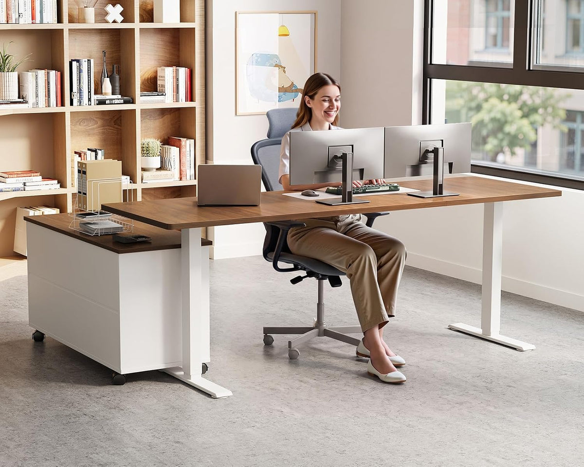 OffiGo 55" L Shaped Electric Standing Desk with Cabinet Sets, Walnut/Black