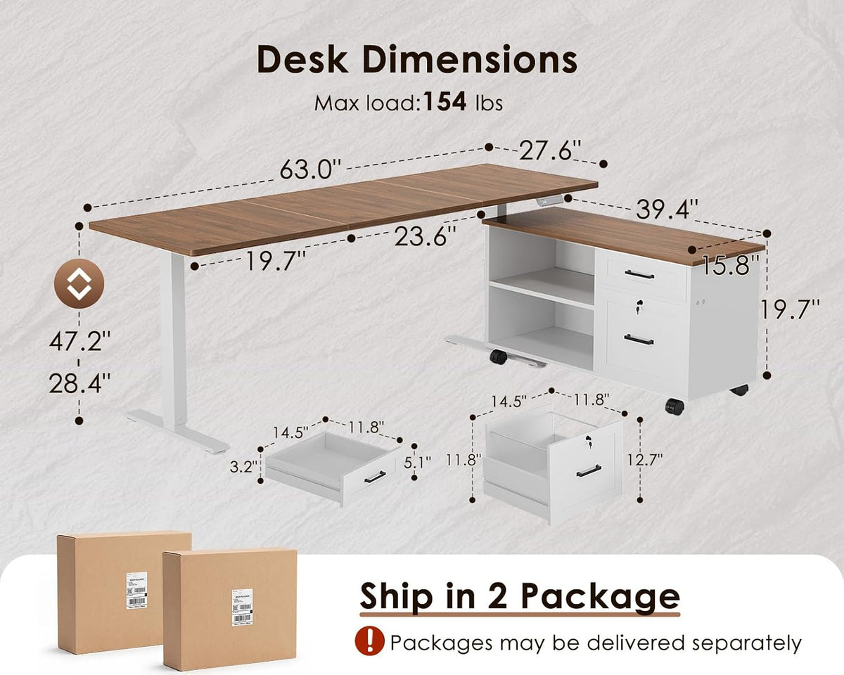 OffiGo 55" L Shaped Electric Standing Desk with Cabinet Sets, Walnut/Black