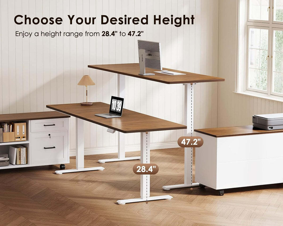 OffiGo 55" L Shaped Electric Standing Desk with Cabinet Sets, Walnut/Black