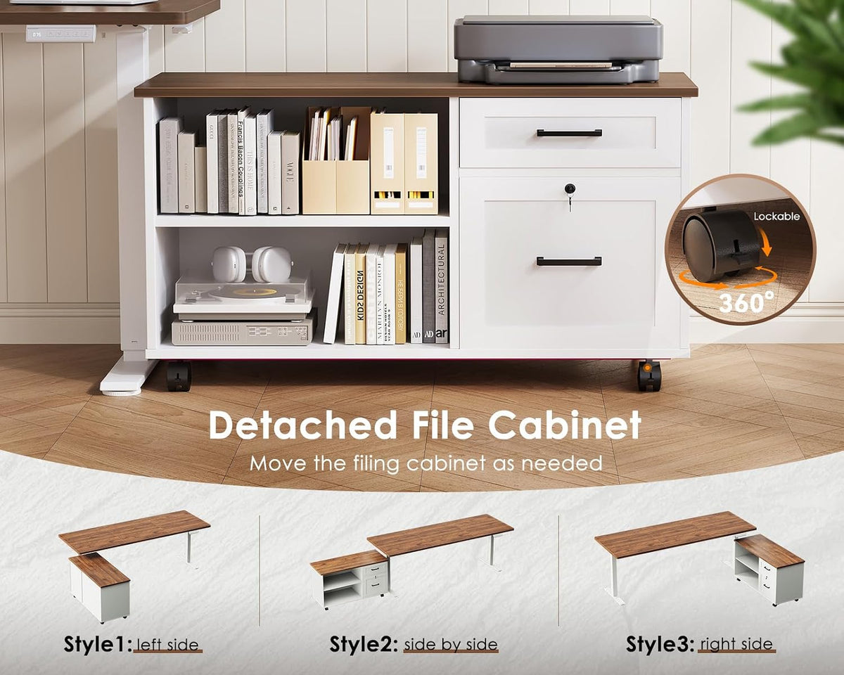 OffiGo 55" L Shaped Electric Standing Desk with Cabinet Sets, Walnut/Black