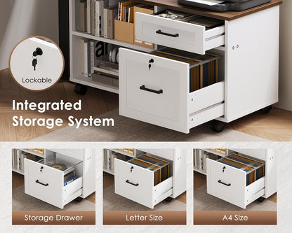 OffiGo 55" L Shaped Electric Standing Desk with Cabinet Sets, Walnut/Black