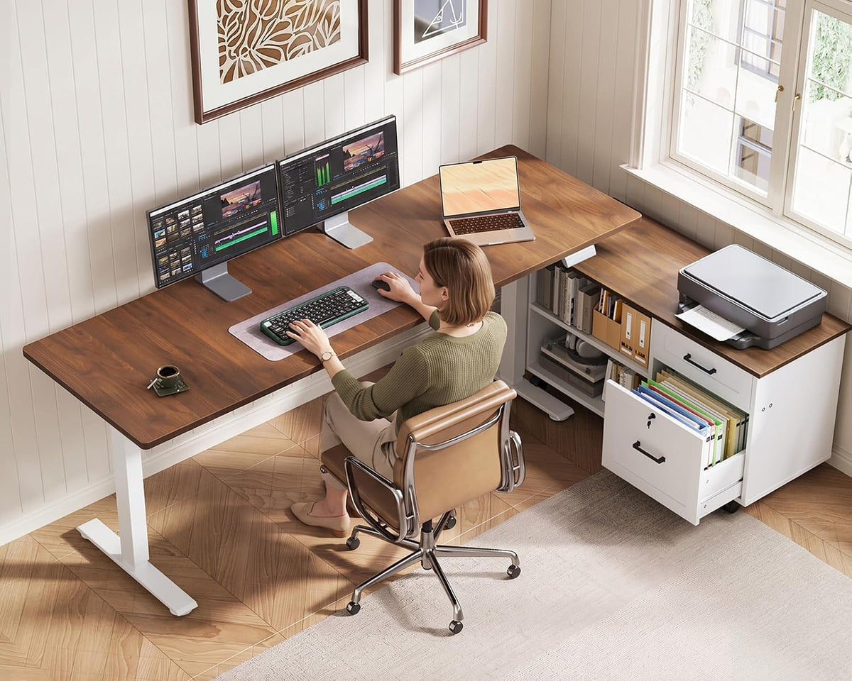 OffiGo 55" L Shaped Electric Standing Desk with Cabinet Sets, Walnut/Black