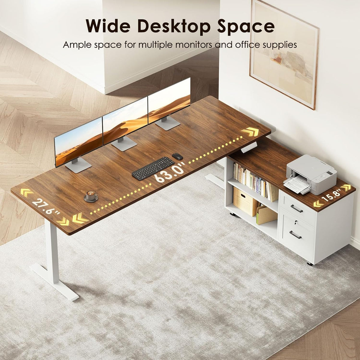 OffiGo 55" L Shaped Electric Standing Desk with Cabinet Sets, Walnut/Black