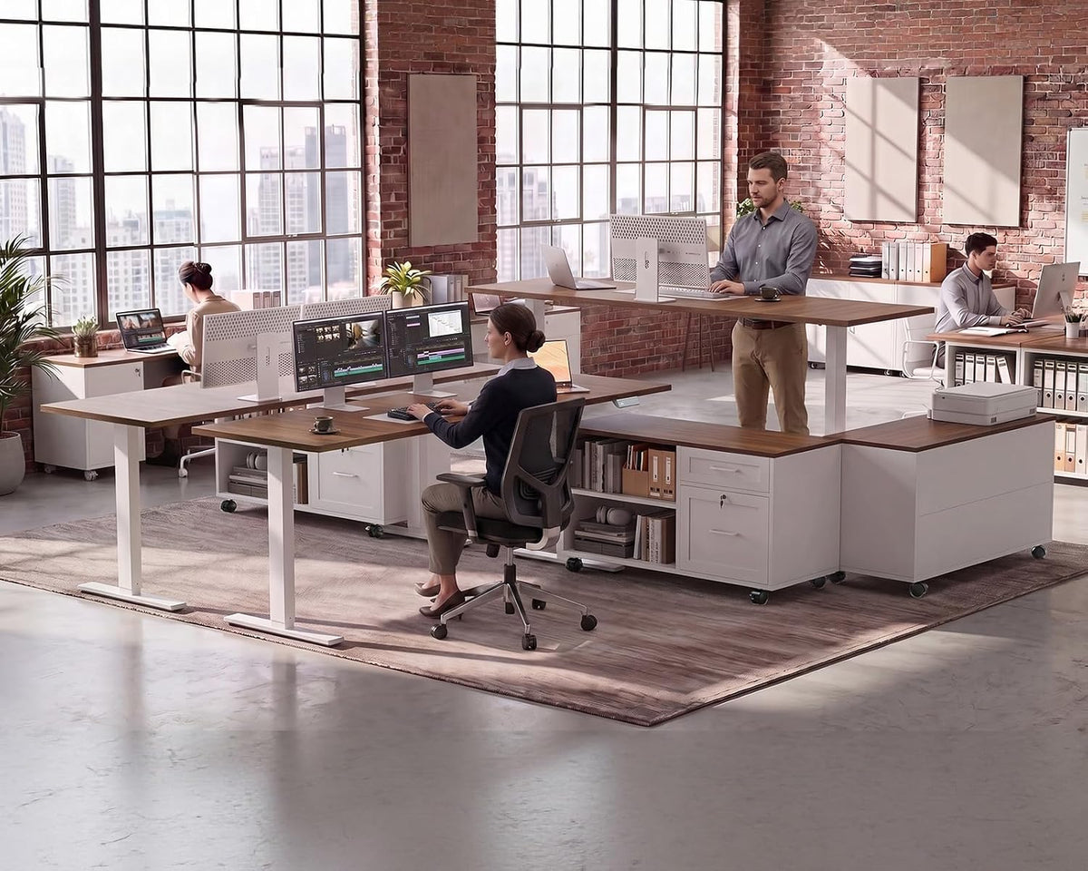 OffiGo 55" L Shaped Electric Standing Desk with Cabinet Sets, Walnut/Black