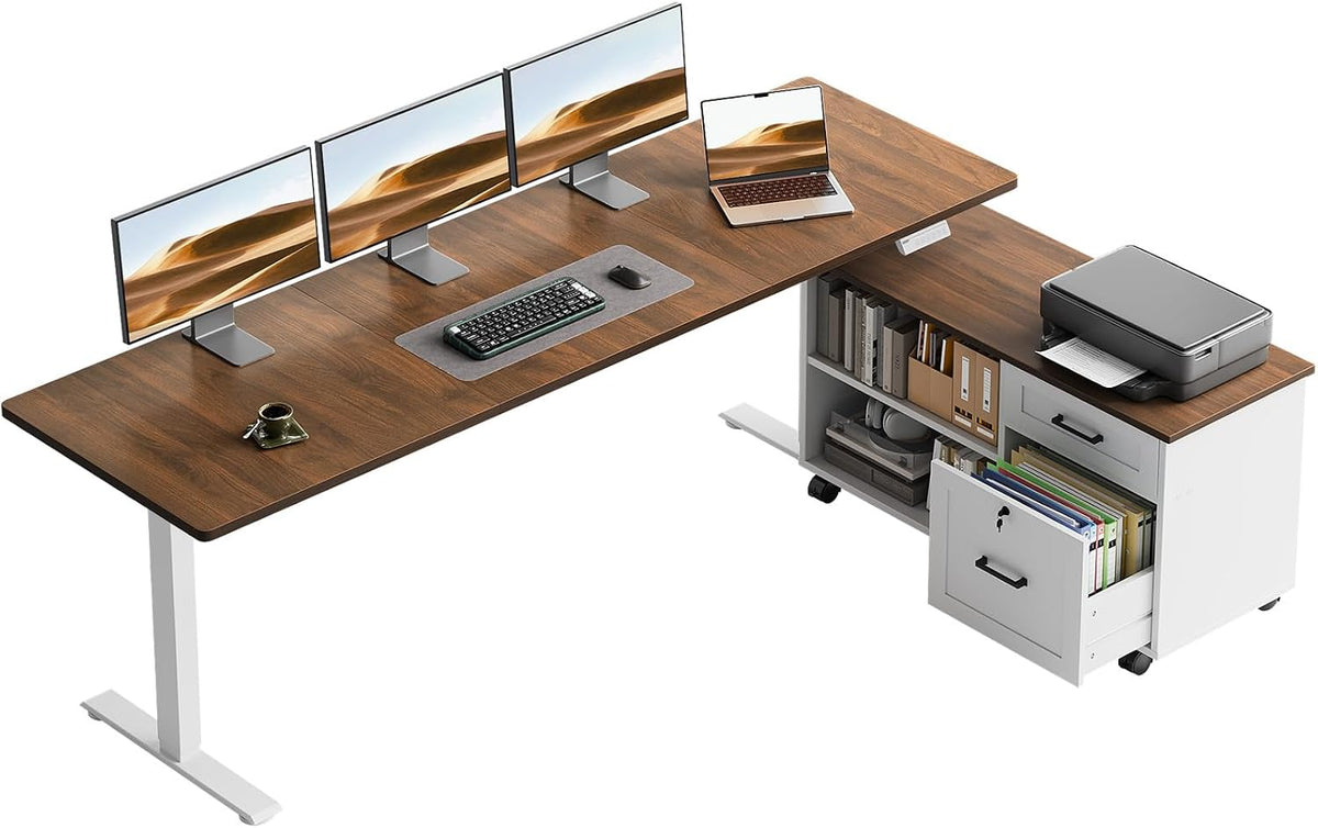 OffiGo 55" L Shaped Electric Standing Desk with Cabinet Sets, Walnut/Black