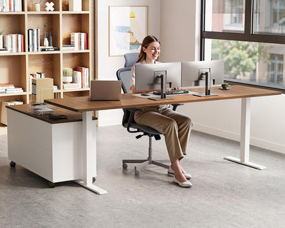 OffiGo 55" L Shaped Electric Standing Desk with Cabinet Sets, Walnut/Black