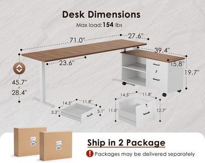 OffiGo 55" L Shaped Electric Standing Desk with Cabinet Sets, Walnut/Black