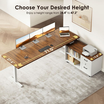 OffiGo 55" L Shaped Electric Standing Desk with Cabinet Sets, Walnut/Black