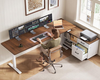 OffiGo 55" L Shaped Electric Standing Desk with Cabinet Sets, Walnut/Black