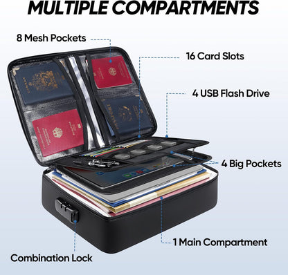 Fireproof Document Box with Lock, Waterproof Fire Safe File Bag