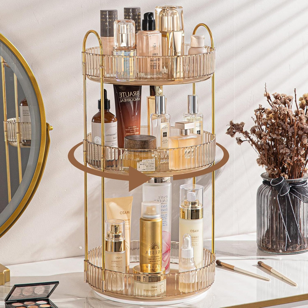 Rotating Makeup Organizer for Vanity, Large Capacity Skincare Perfume Storage, Bathroom Counter Organizer, 360 Spinning Cosmetic Dresser Countertop Organizers (Clear, 3 Tier)