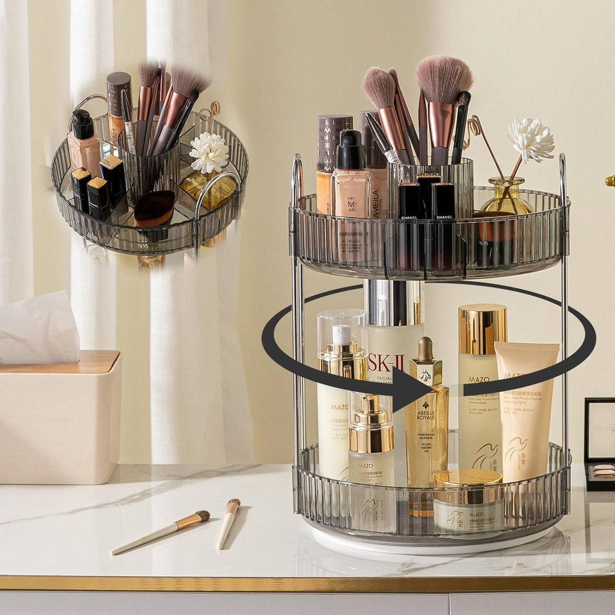 Rotating Makeup Organizer for Vanity, Large Capacity Skincare Perfume Storage, Bathroom Counter Organizer, 360 Spinning Cosmetic Dresser Countertop Organizers (Clear, 3 Tier)