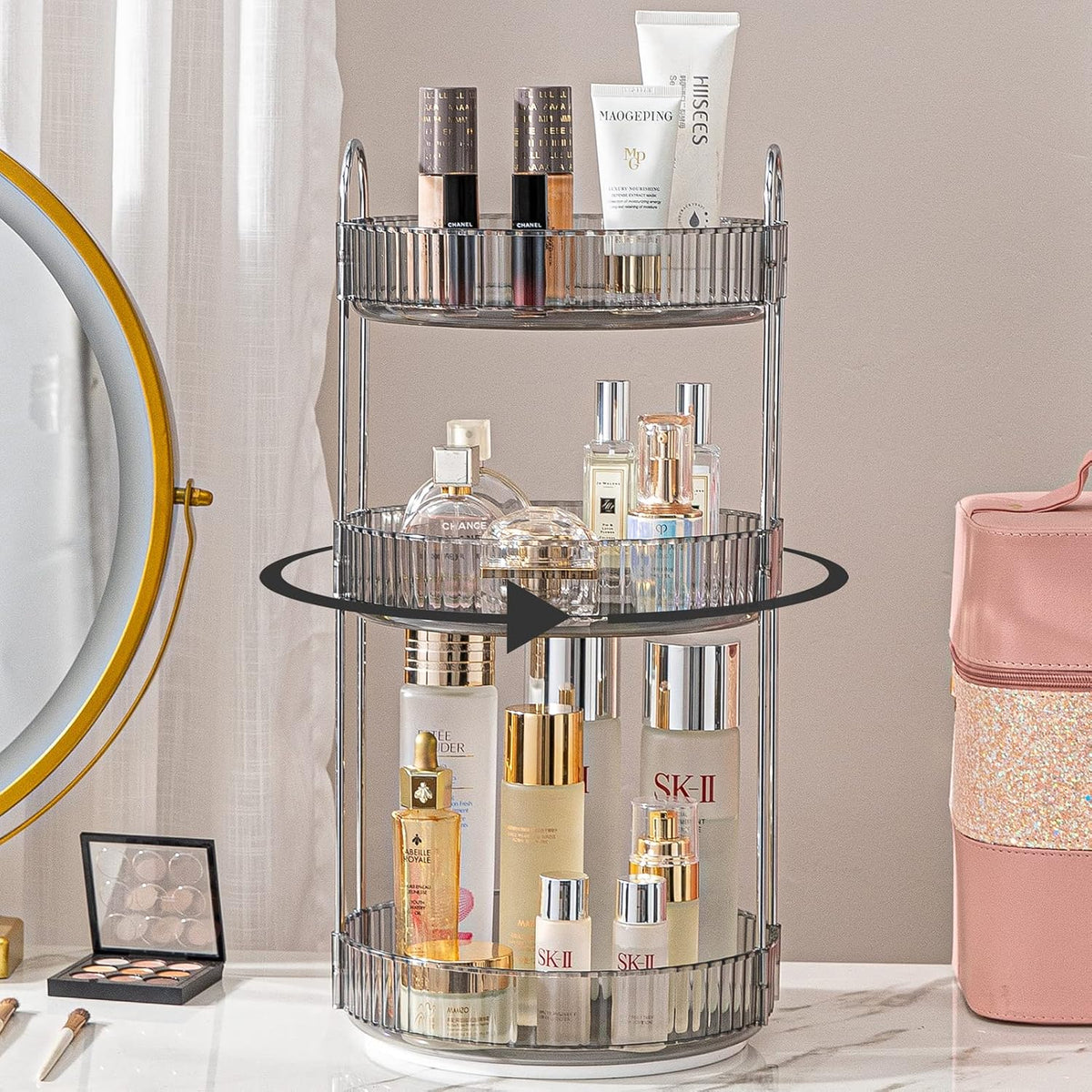 Rotating Makeup Organizer for Vanity, Large Capacity Skincare Perfume Storage, Bathroom Counter Organizer, 360 Spinning Cosmetic Dresser Countertop Organizers (Clear, 3 Tier)