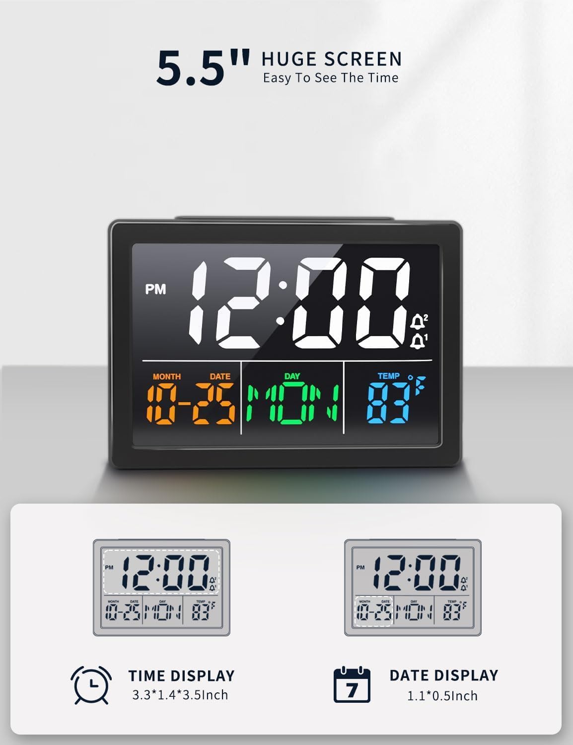 Digital Clock with Date Day for Seniors, Electric Alarm Clocks for Bedrooms with Temperature, 2 Alarms, Dimmer, Dual USB Charger, Battery Backup, Volume Control, Snooze, Bedside Desk Clock, Black