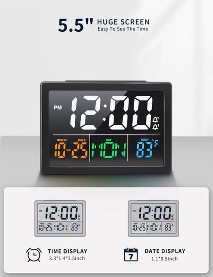 Digital Clock with Date Day for Seniors, Electric Alarm Clocks for Bedrooms with Temperature, 2 Alarms, Dimmer, Dual USB Charger, Battery Backup, Volume Control, Snooze, Bedside Desk Clock, Black